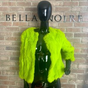 Rabbit fur 3/4 sleeve jacket in lime green.